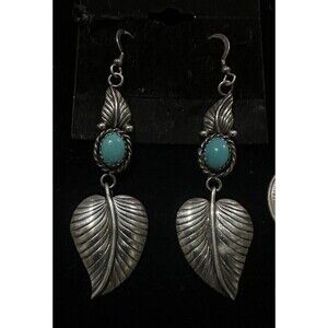 Native American Sterling Silver Turquoise Cabochon Earrings Botanical Leaf